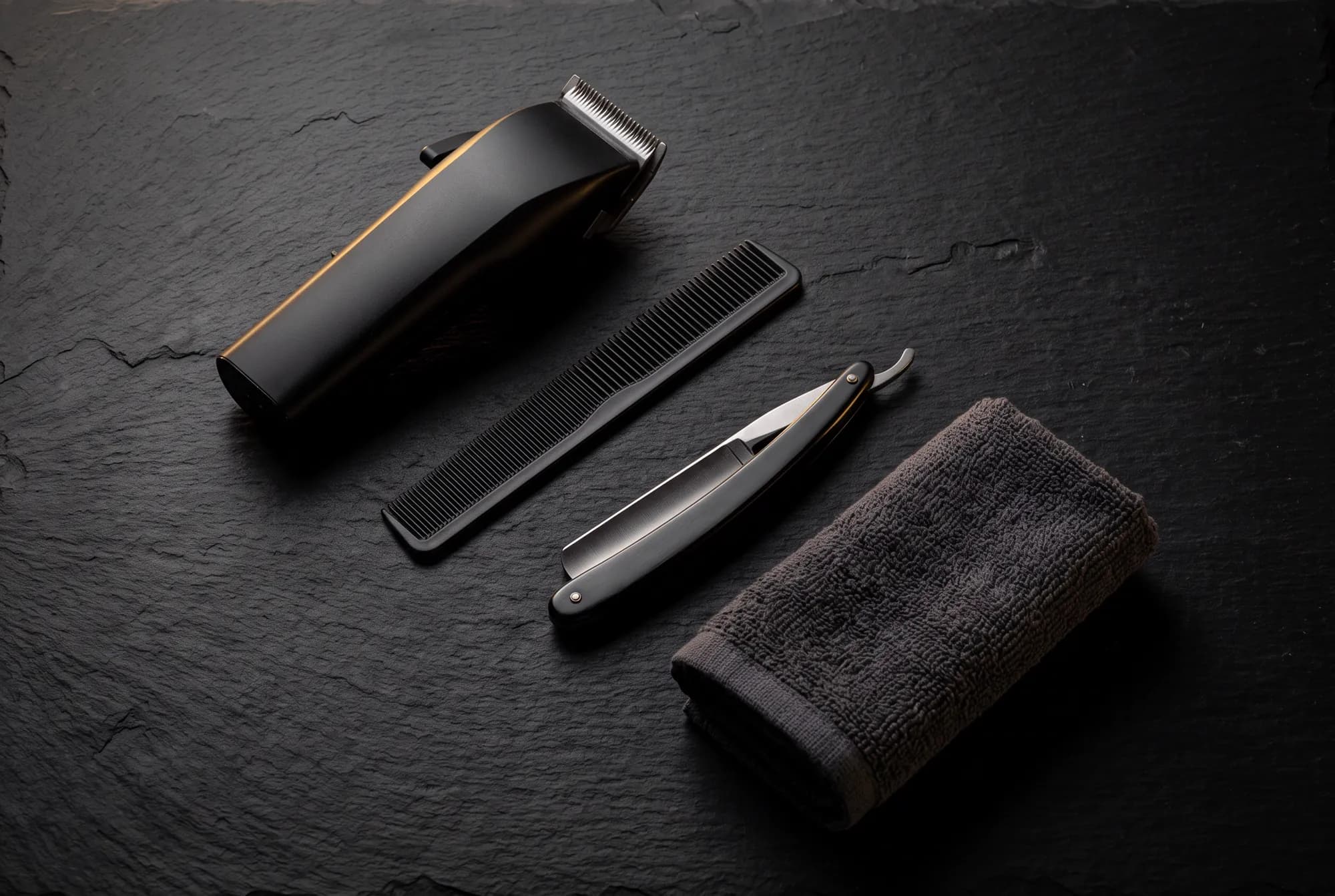 Clipper, comb, folding razor and hot towel aligned on black slate